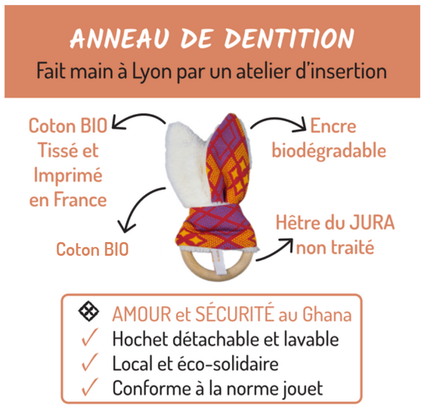 Hochet de dentition imprimé bio PENDO violet