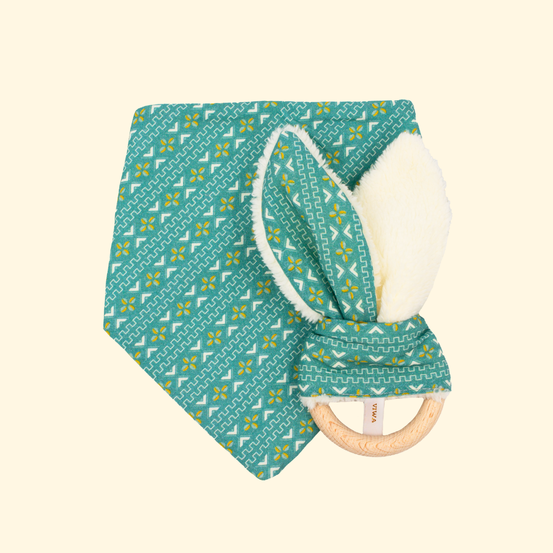 Coffret cadeau de naissance ADEOLA - Bavoir et hochet en coton bio Bleu - Made in France - Cadeau de naissance