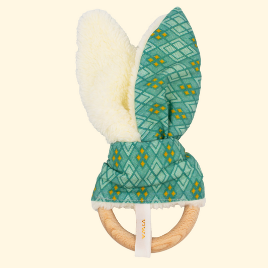 Hochet de dentition bio - Jouet de bébé écologique Vert - Made in France - nom PENDO - Cadeau de naissance
